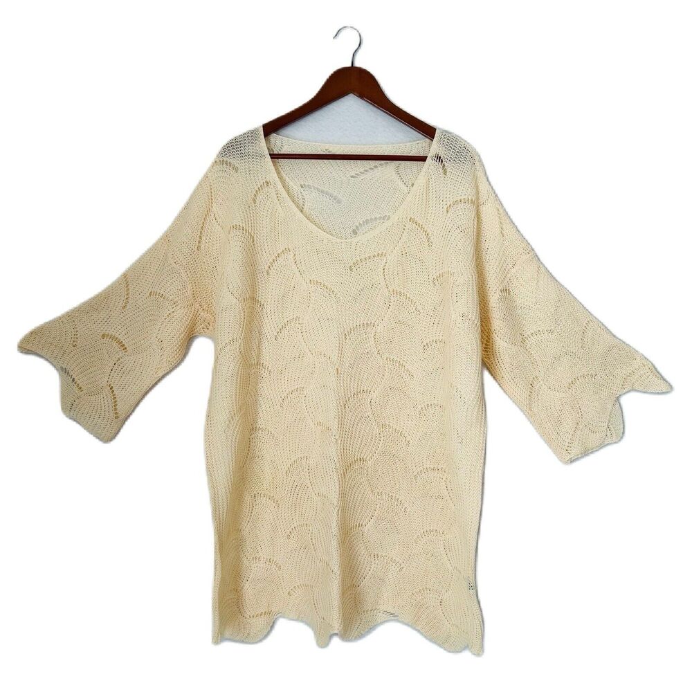 Shein Curve Top Women 3XL Ivory Crochet Pullover Scallop Edge Stretch Boho Beach